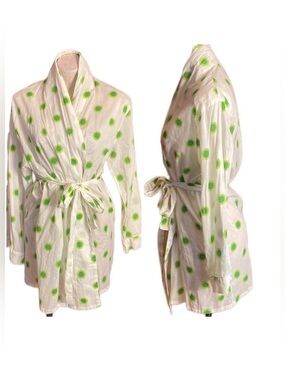 Pine Cone Hill 100% Cotton Short Robe Unisex White Green polka dots Sz S/M